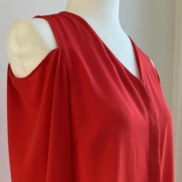Joseph Ribkoff Vibrant Red Chiffon Cold-Shoulder V-Neck Blouse – US 4 - Picture 1 of 11